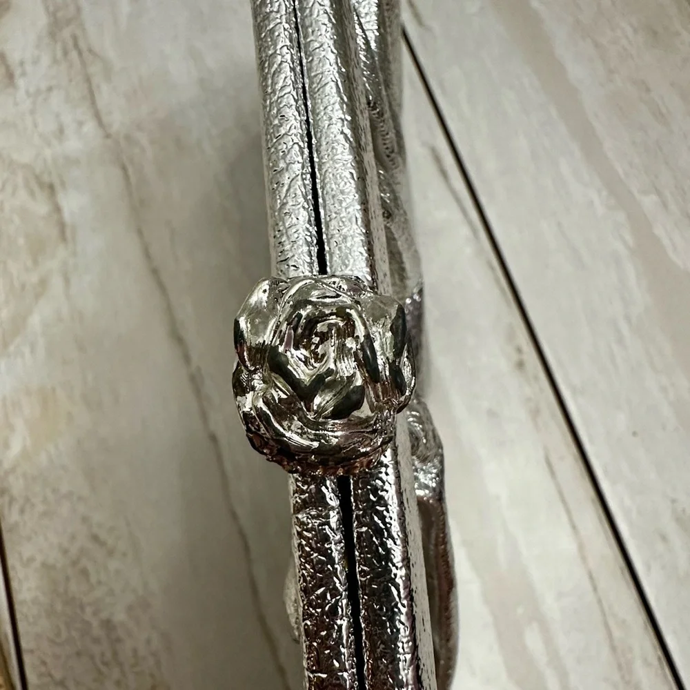 Vintage Silver Leather Kiss Lock Micro Clutch Party Event Evening Christmas NYE